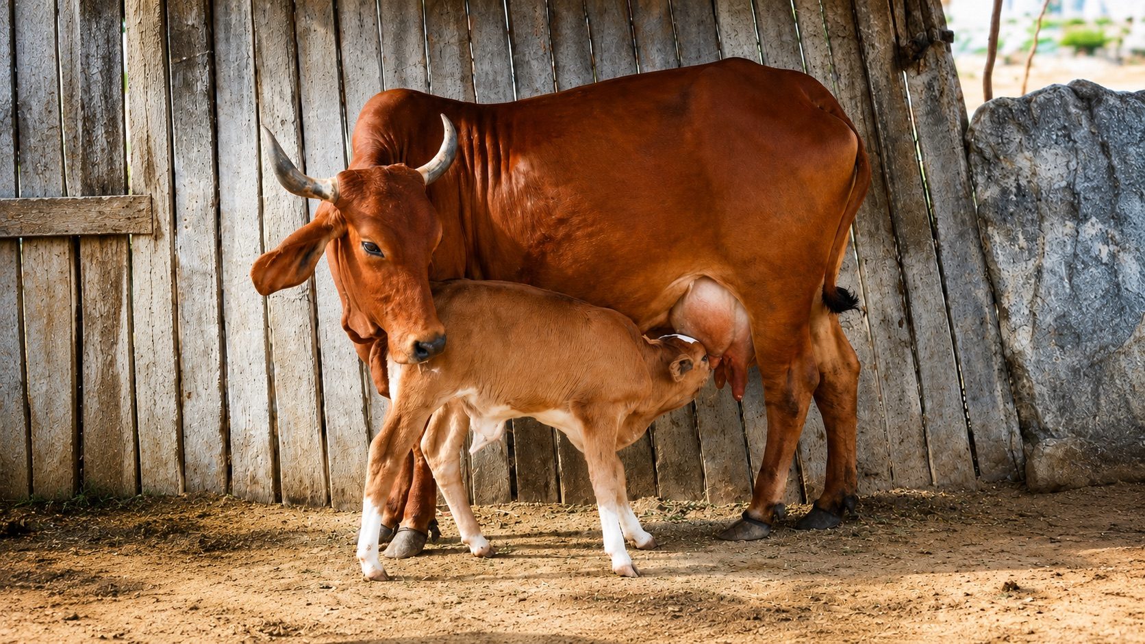 A Geodhara Farm cow nursing her calf